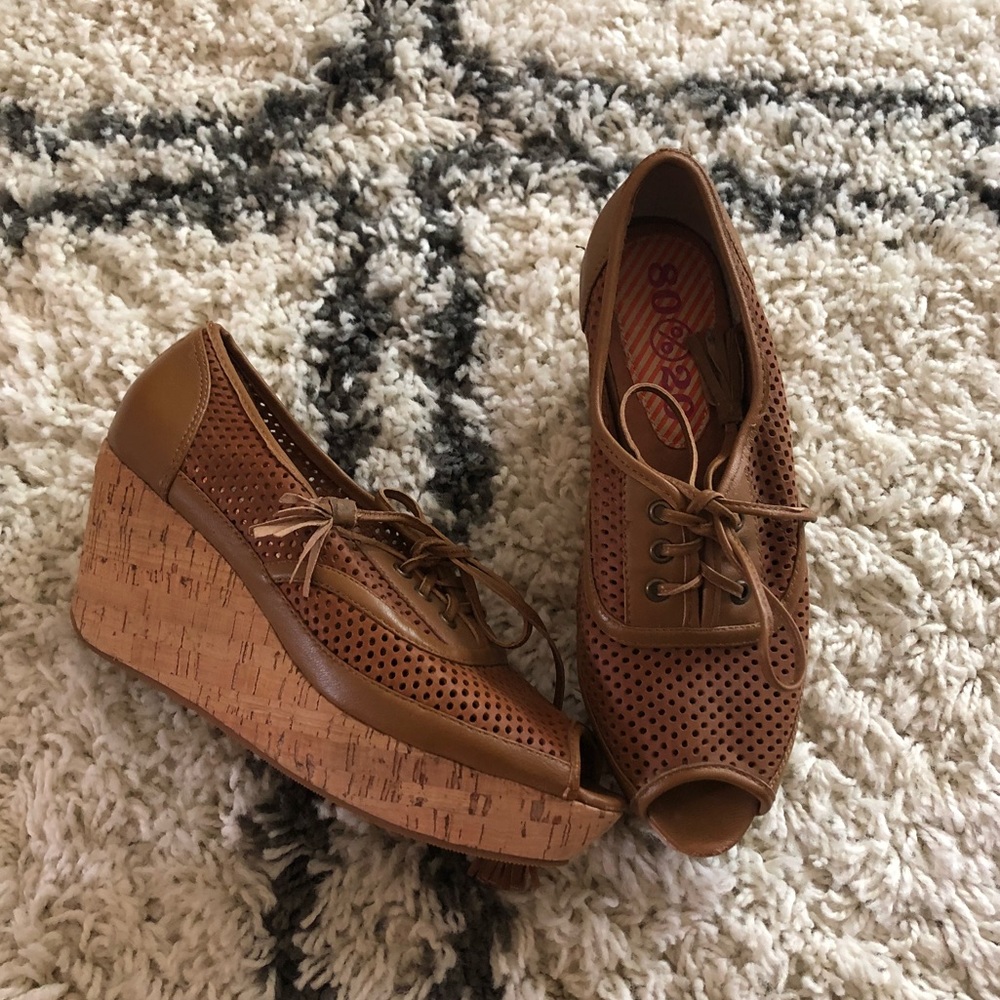 Leather Wedge Peep Toe Oxfords size 8